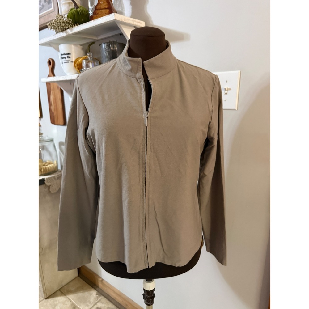 Eileen Fisher Zip Up Jacket PM Petite Medium Taupe Mock Neck Minimalist